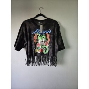 Poison Band Graphic Fringe Crop Tee XL Black Tie Dye Rock Tee NWT